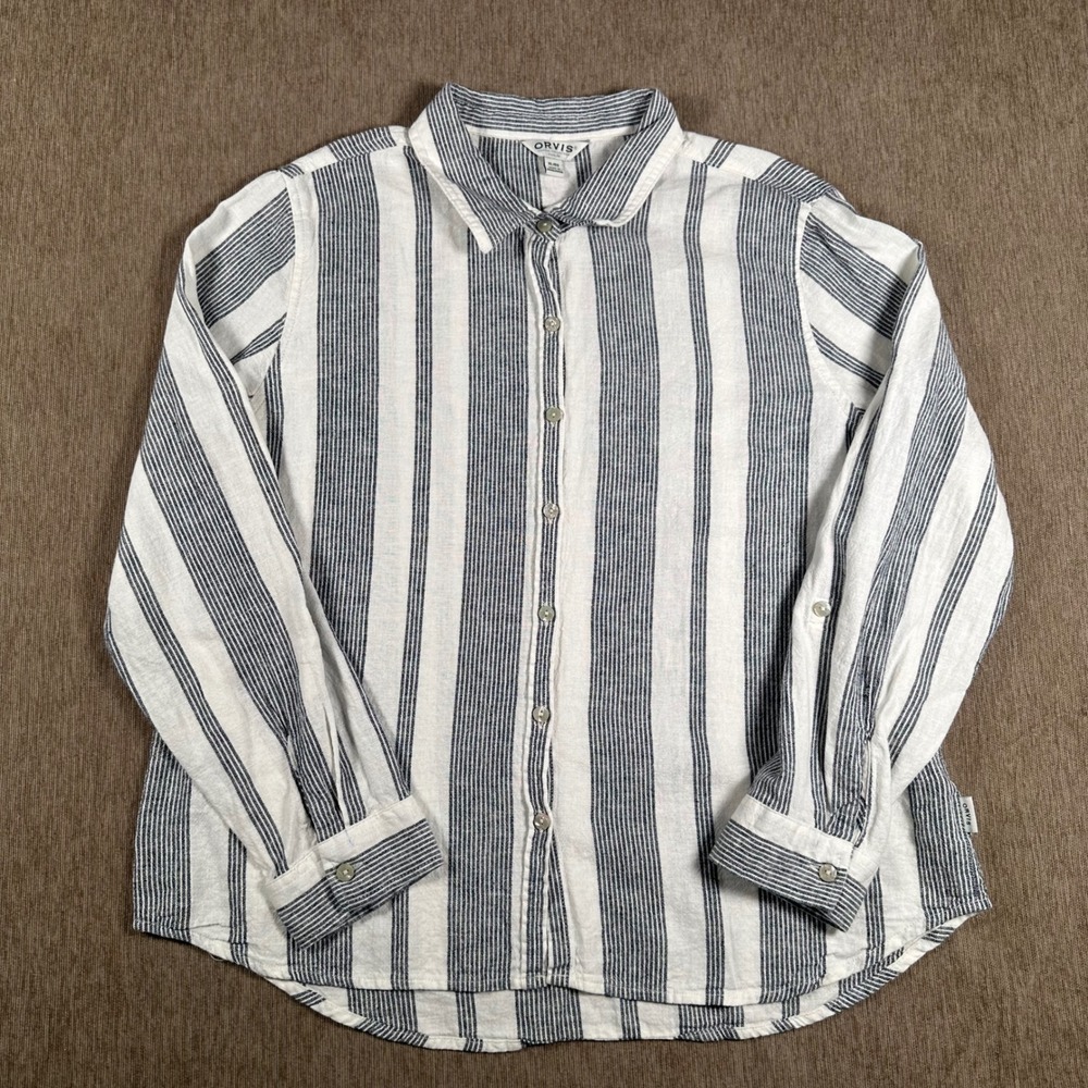 Orvis Womens XL Linen Blend Striped Button Up Shirt Navy White Long Sleeve